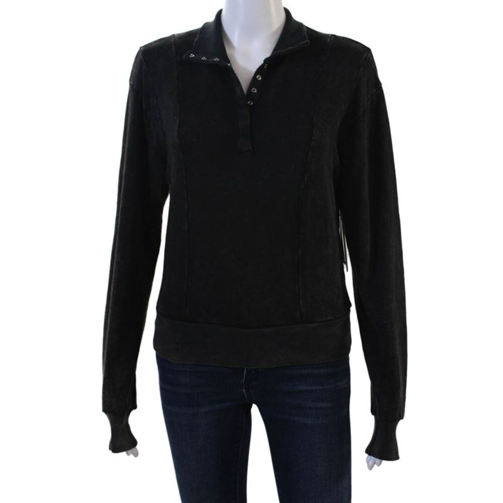 Nux, Womens Henley Sweatshirt Black Bamboo Cotton Collared Long Sleeve Size S
